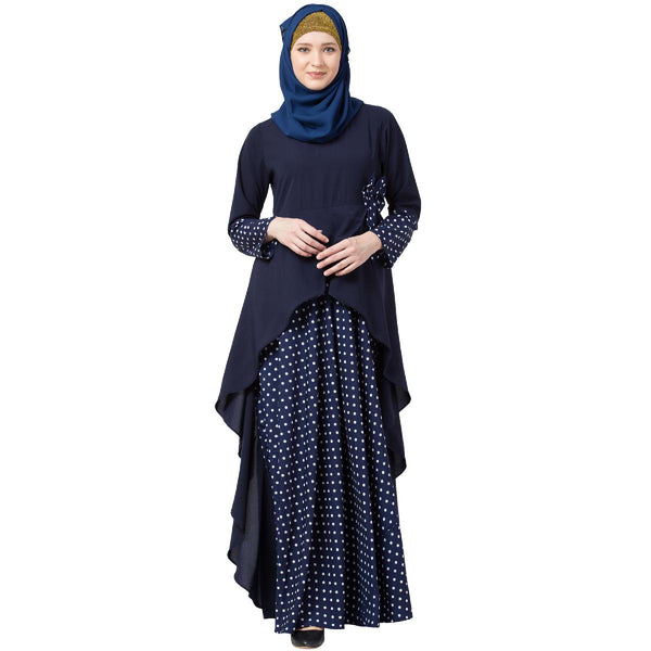 Polka Dotted Asymmetrical Dress Abaya- Navy Blue