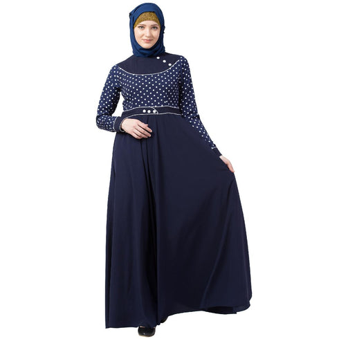Designer Polka Dotted Umbrella Abaya- Navy Blue