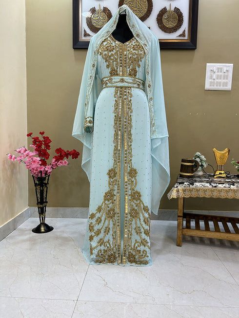 Majestic Sky Blue Kaftan Gown with Intricate Gold Handwork | Wedding & Gala Wea