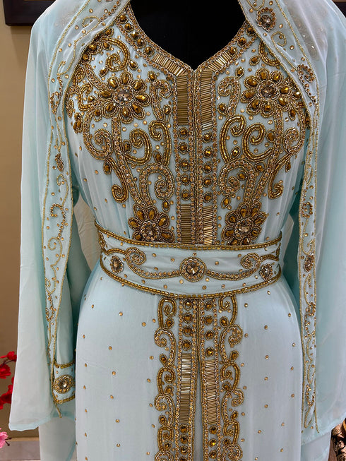 Majestic Sky Blue Kaftan Gown with Intricate Gold Handwork | Wedding & Gala Wea