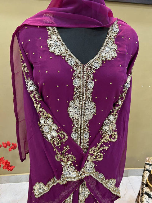 Wine Zari & Stone Work stitched Georgette Morroco Kaftan Wedding Wear