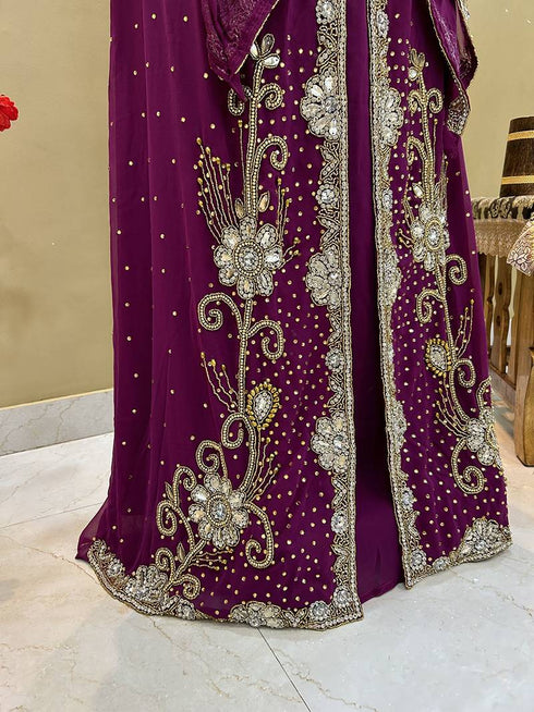Wine Zari & Stone Work stitched Georgette Morroco Kaftan Wedding Wear