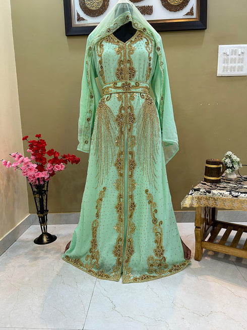 Sea Green Georgette Zari Work Kaftan