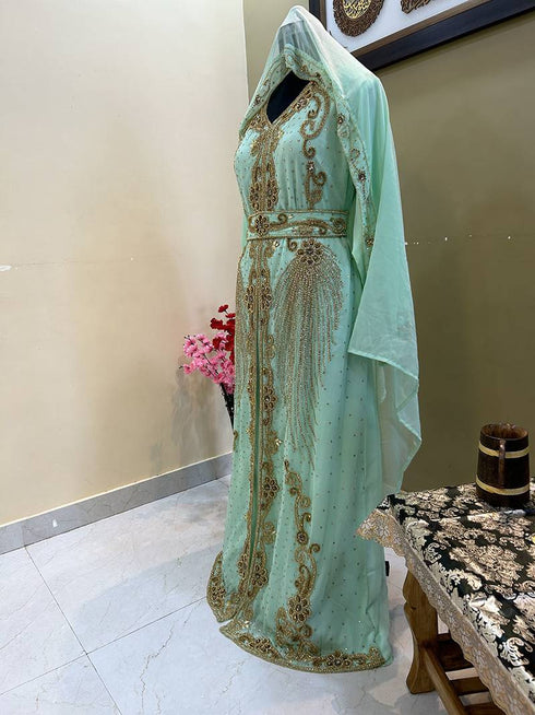 Sea Green Georgette Zari Work Kaftan