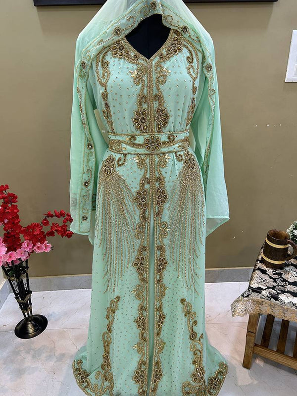 Sea Green Georgette Zari Work Kaftan