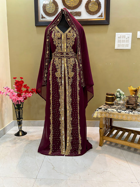 Grand Burgundy Georgette Kaftan Gown with Gold Zari Work | Luxury Event Wear