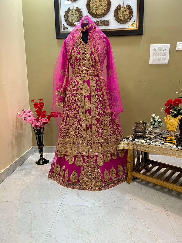 Grand Rani Pink Kaftan Gown with Heavy Gold Zari Work | Luxury Wedding & Party Dress