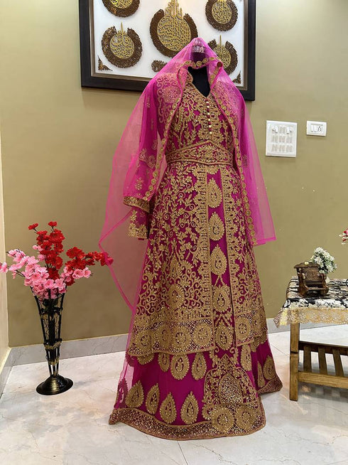 Hot-Pink Heavy Aari & Stone Work stitched Net Designed Morroco Kaftan Wedding Wear