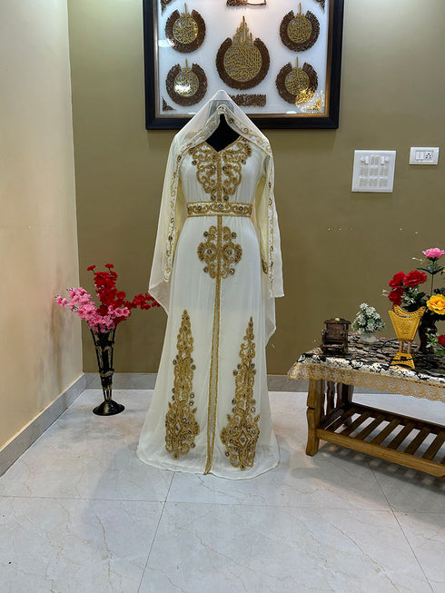 Sale!! Off-White Dubai Moroccan Beaded Kaftan Arabian Plus Size Party Fancy African Clothing Crystal Work Wedding Dress