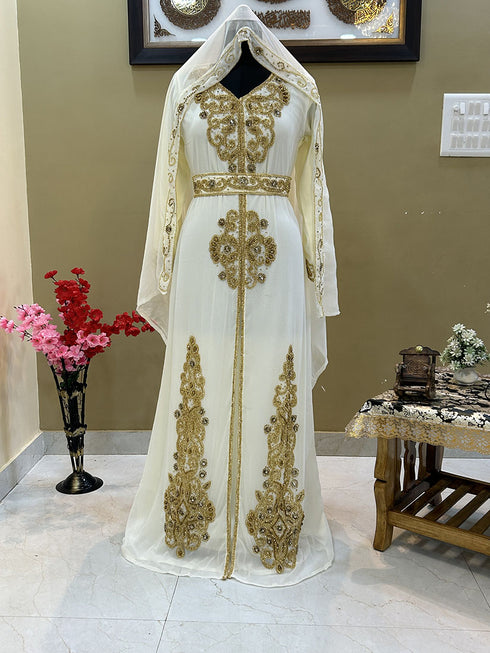 Sale!! Off-White Dubai Moroccan Beaded Kaftan Arabian Plus Size Party Fancy African Clothing Crystal Work Wedding Dress