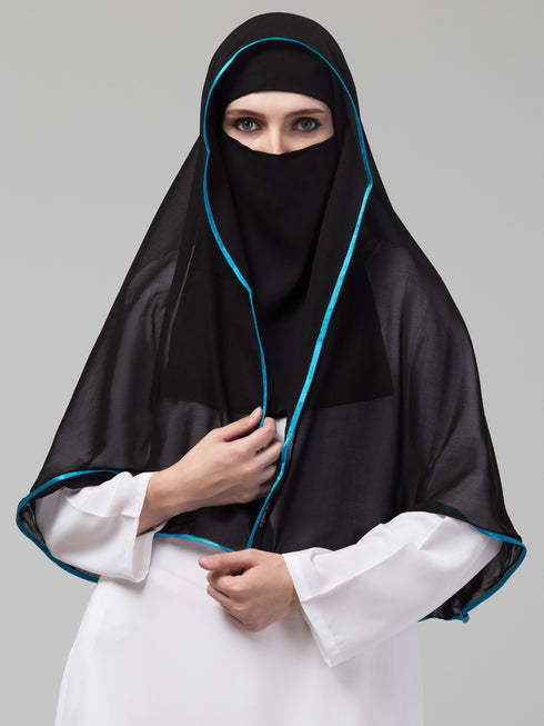Nazneen Butterfly Arabian hijab With nose piece with Aqua blue Satin tape