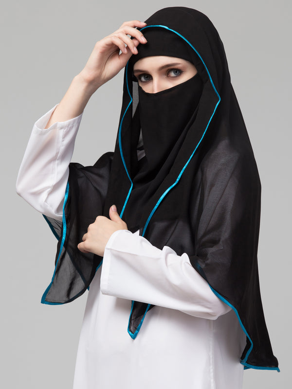 Nazneen Butterfly Arabian hijab With nose piece with Aqua blue Satin tape