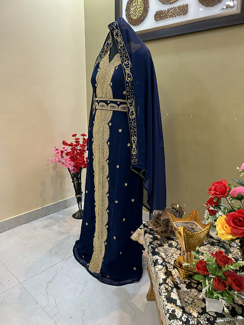 Navy Blue Georgette Zari Handwork Farasha Dress