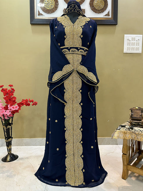 Navy Blue Georgette Zari Handwork Farasha Dress