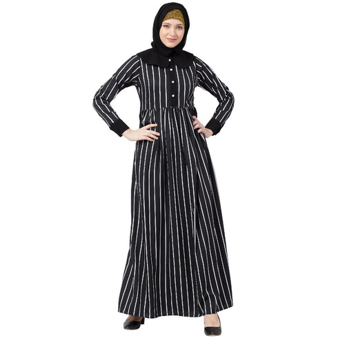 Black And White Striped Abaya With Baby Collar