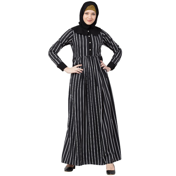 Black And White Striped Abaya With Baby Collar