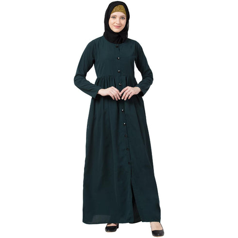 Front Open Abaya With Pintucks- Bottle Green