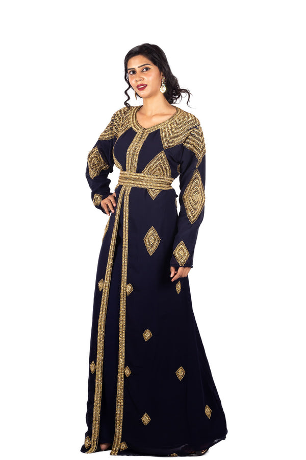 Navy Blue Diamond Design Luxurious Moroccan Kaftan with Sun-proof hijab.