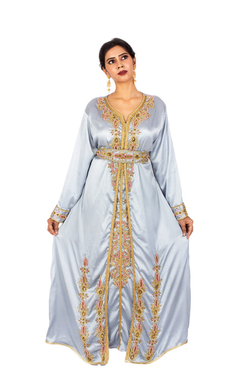 Pastel Blue Satin luxurious Moroccan Kaftan