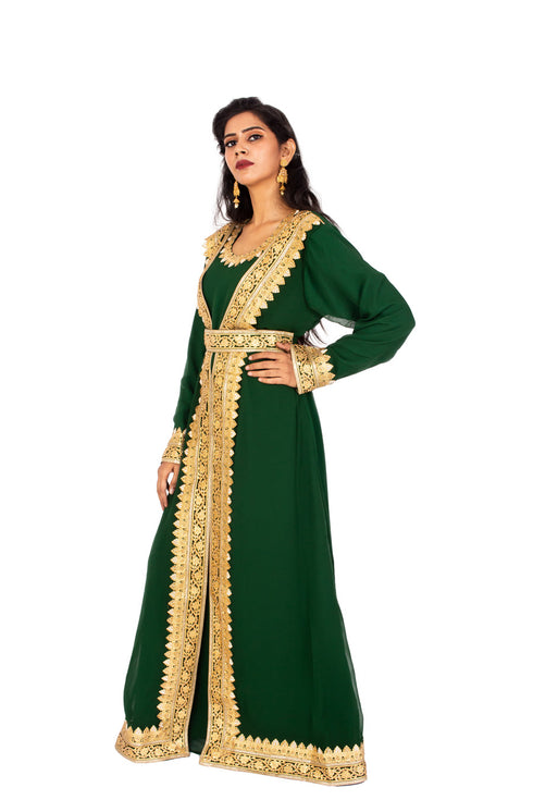 Bottle green luxurious Moroccan Kaftan with Sun-proof hijab.