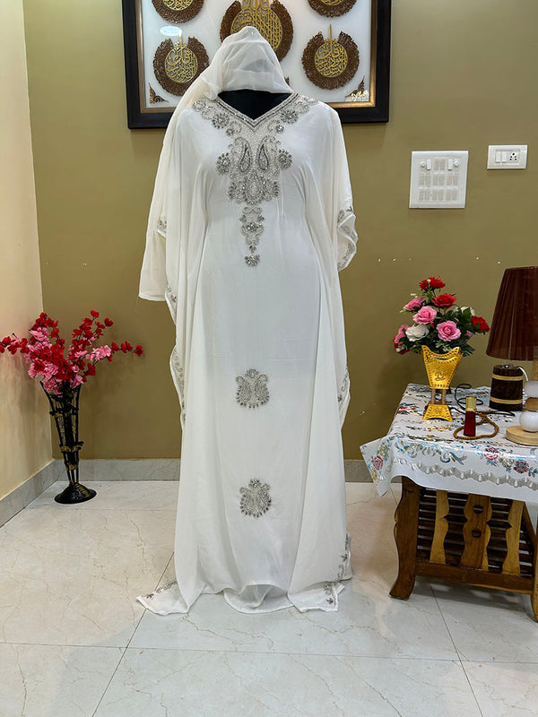 White Georgette Zari Work Party Wear Kaftan Dress