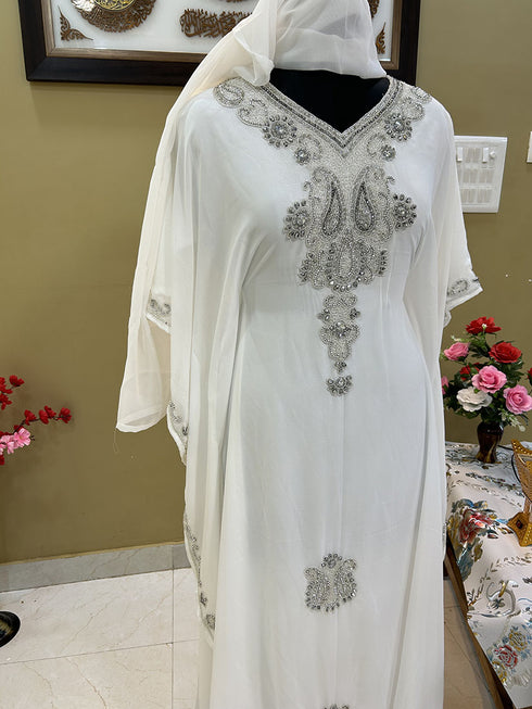 White Georgette Zari Work Party Wear Kaftan Dress