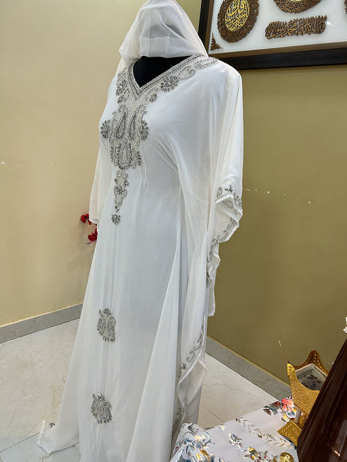 White Georgette Zari Work Party Wear Kaftan Dress