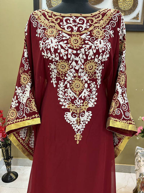Maroon Aari/Stone & Lace Work stitched Georgette Designed Morroco Kaftan Wedding Wear