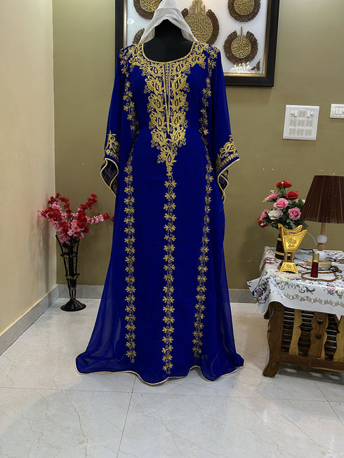 Royal Blue Georgette Kaftan with Gold Embroidery