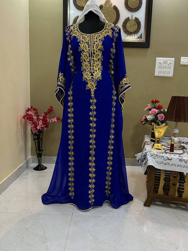 Royal Blue Georgette Kaftan with Gold Embroidery