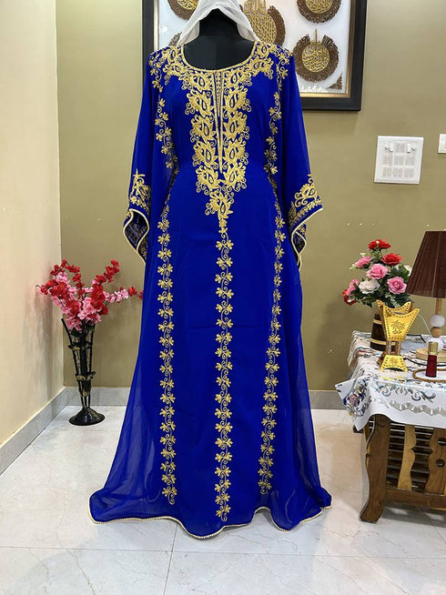 Royal Blue Georgette Kaftan with Gold Embroidery
