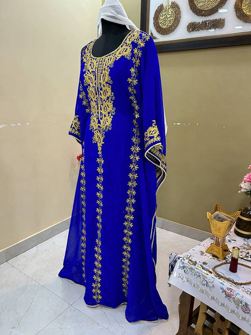 Royal Blue Georgette Kaftan with Gold Embroidery