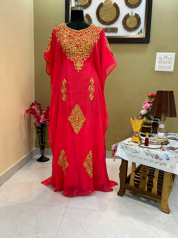 Luxurious Peach Kaftan Gown with Handcrafted Zari & Stone Work | Fitted Wedding & Event Dress
