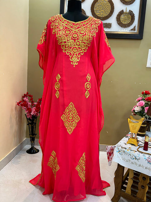 Luxurious Peach Kaftan Gown with Handcrafted Zari & Stone Work | Fitted Wedding & Event Dress