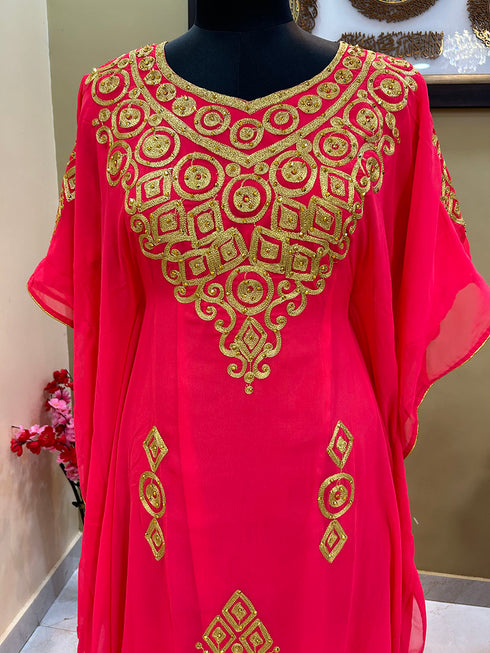 Luxurious Peach Kaftan Gown with Handcrafted Zari & Stone Work | Fitted Wedding & Event Dress