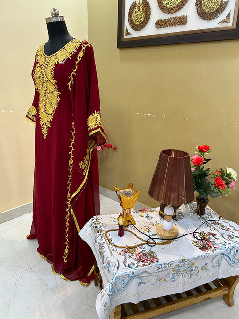 Sale Royal Moroccan Dubai Maroon Kaftan Abaya Evening Islamic Abaya Caftan Aari Stone Work Dress