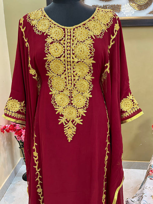 Sale Royal Moroccan Dubai Maroon Kaftan Abaya Evening Islamic Abaya Caftan Aari Stone Work Dress