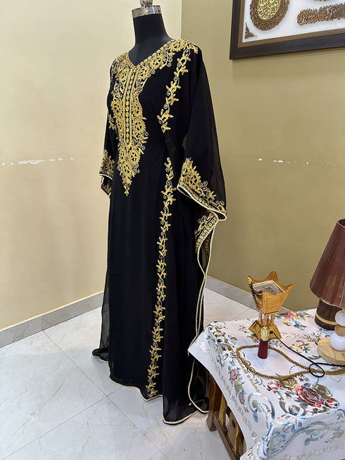 Black Aari & Stone Gold Work stitched Georgette Designed Kaftan Party Wear