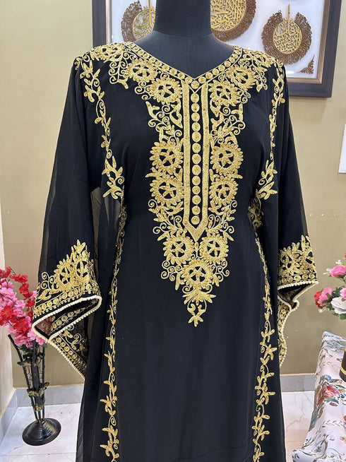 Black Aari & Stone Gold Work stitched Georgette Designed Kaftan Party Wear