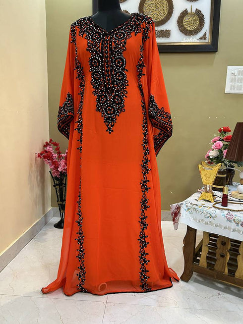 Orange Aari & Stone Work stitched Georgette Designed Kaftan Wedding Wear