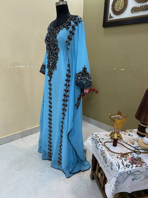 Sky Blue Zari & Stone Work stitched Georgette Designed Kaftan Wedding Wear