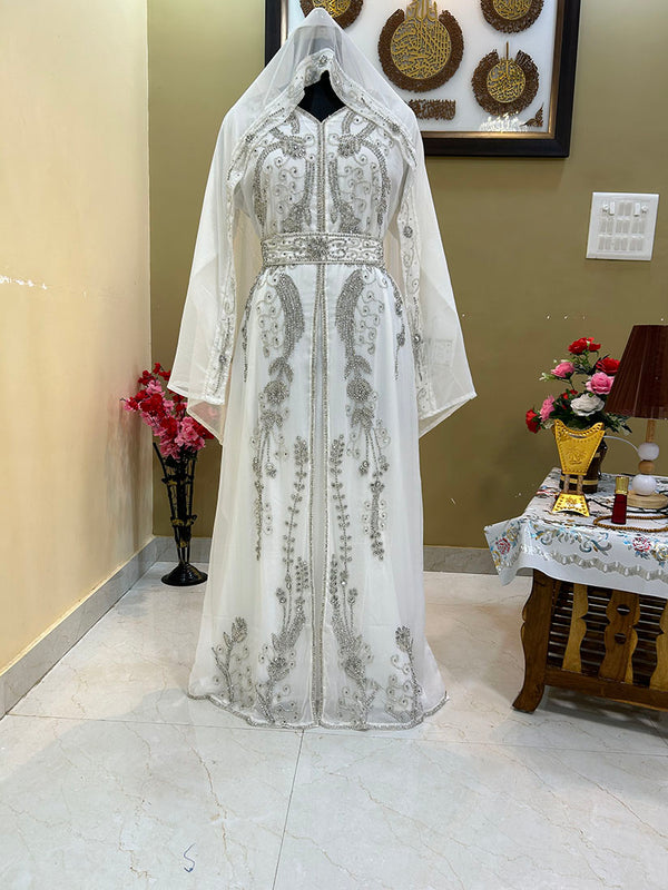 Stunning White Wedding Kaftan with Silver Bead Work