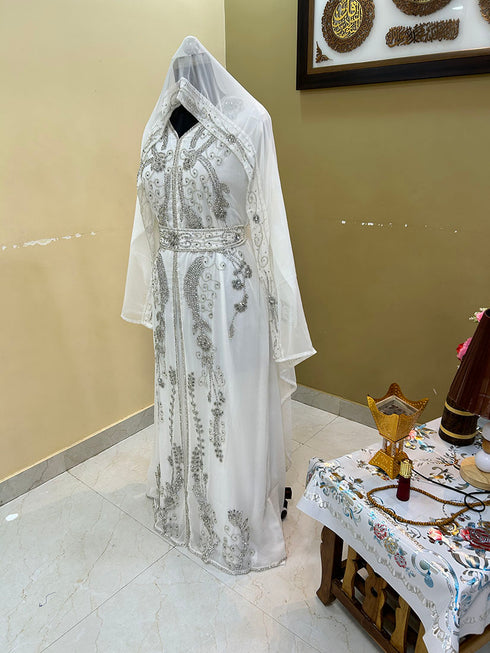 Stunning White Wedding Kaftan with Silver Bead Work
