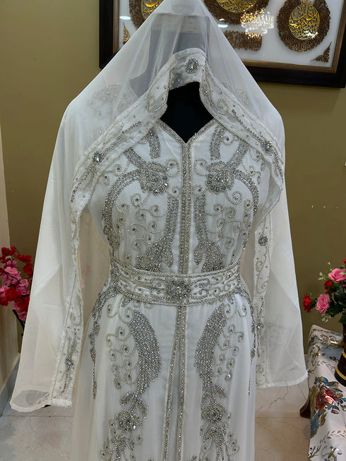 Stunning White Wedding Kaftan with Silver Bead Work