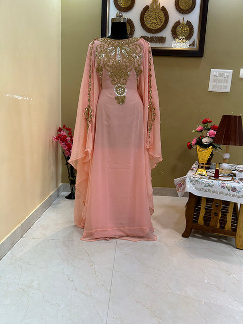 Peach Georgette Kaftan With Beads Embroidery