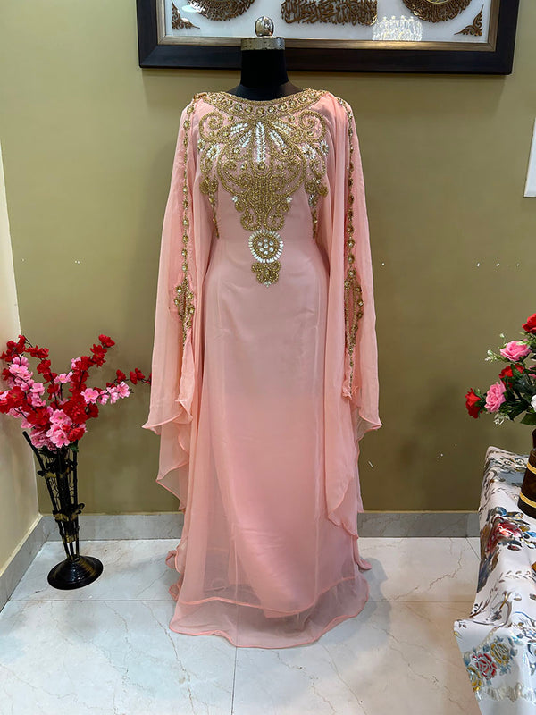 Peach Georgette Kaftan With Beads Embroidery