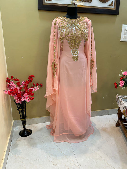 Peach Georgette Kaftan With Beads Embroidery