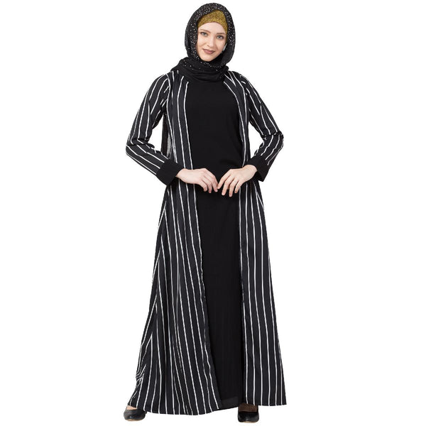 Being Traditional Abaya – Double Layered, Striped Pattern Full Sleeve, Crepe Black