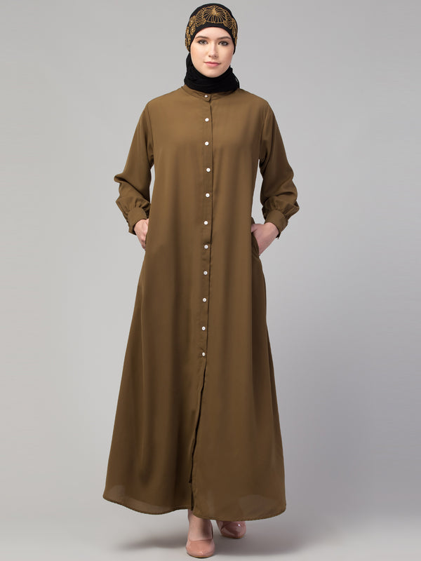 Front open Band Colar & cuff Daily wear casual Abaya Gold brown