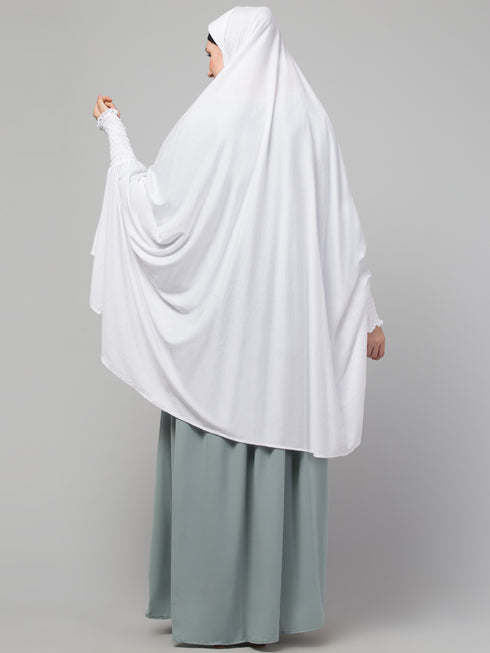 Nazneen Islamic Calligraphy printed stretchable Jersey smoking at sleeve Jilbab cum prayer khimar Hijab